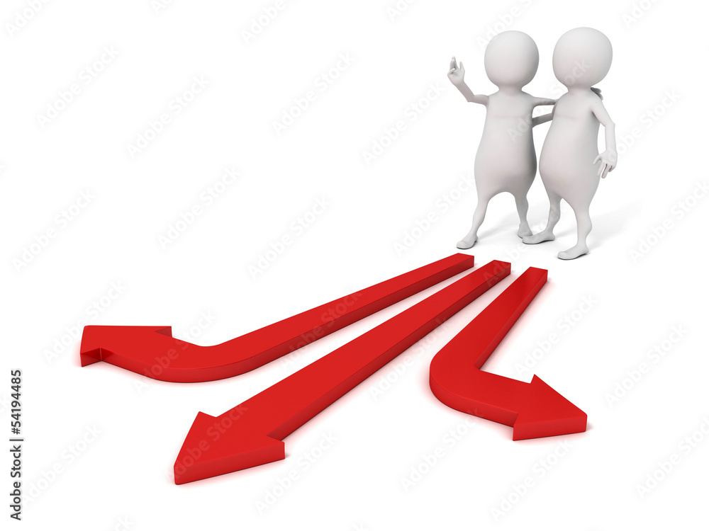 3d man help to make choice for partner on arrow ways 3d man help to make choice for partner on arrow ways