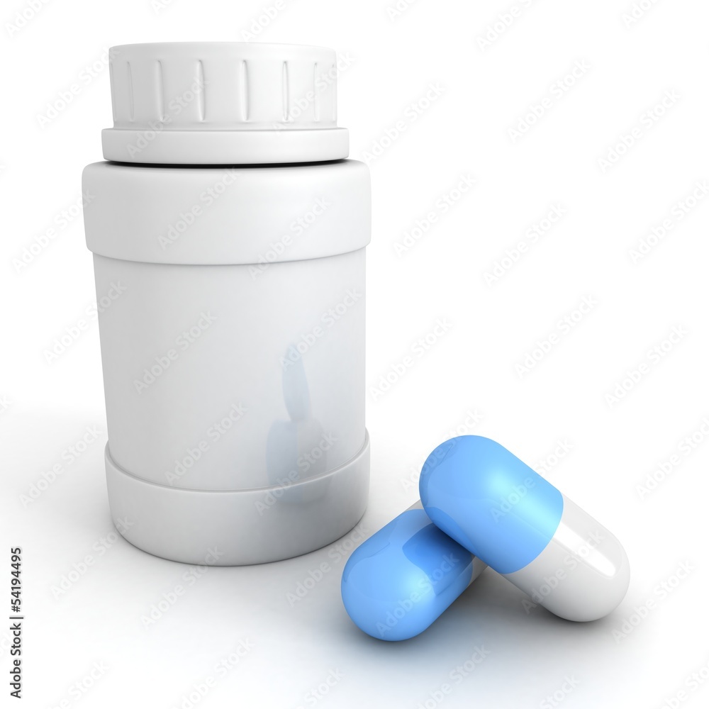 blue medical pills with white bottle container blue medical pills with white bottle container