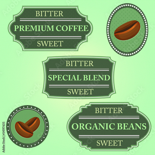 Set of bitter sweet coffee on green badge