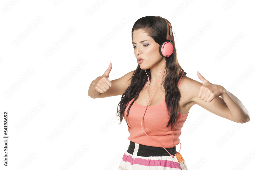 brunette with headphones on her head show thumbs up brunette with headphones on her head show thumbs up