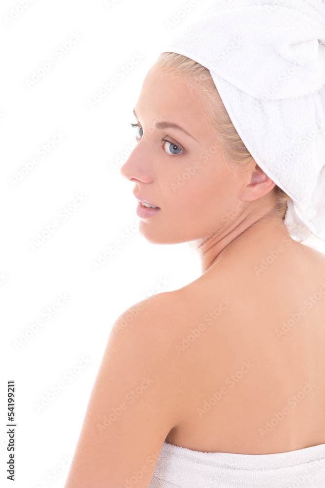 attractive girl with towel on her head over white attractive girl with towel on her head over white