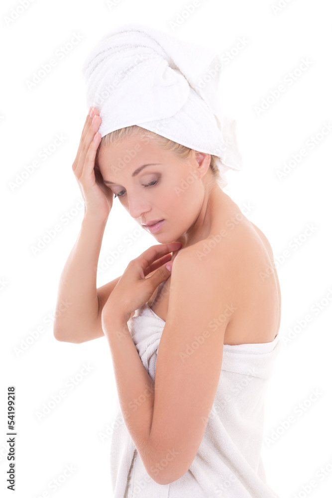 portrait of beautiful girl with towel on her head over white ba portrait of beautiful girl with towel on her head over white ba
