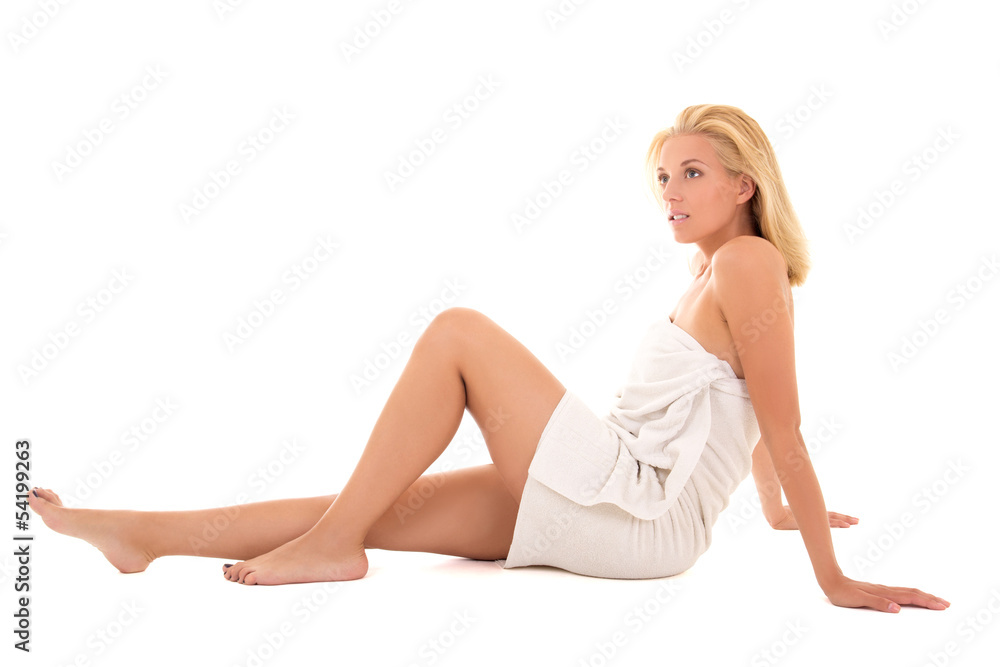 attractive sexy blond in towel sitting over white attractive sexy blond in towel sitting over white