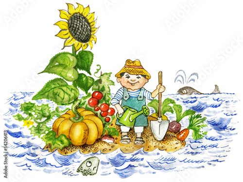Young farmer boy on uninhabited island