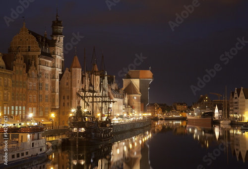 The medieval port crane in Gdansk at night, Poland