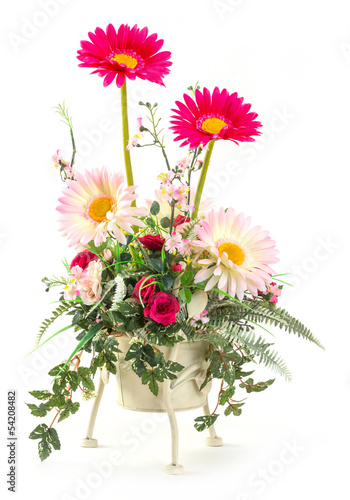 Fototapeta Naklejka Na Ścianę i Meble -  Bouquet of rose and gerbera in metal bucket