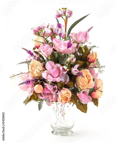 Fototapeta Naklejka Na Ścianę i Meble -  Bouquet of rose and Narcissus in glass vase