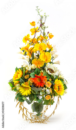 Fototapeta Naklejka Na Ścianę i Meble -  Bouquet of sunflower and vanda in glass vase