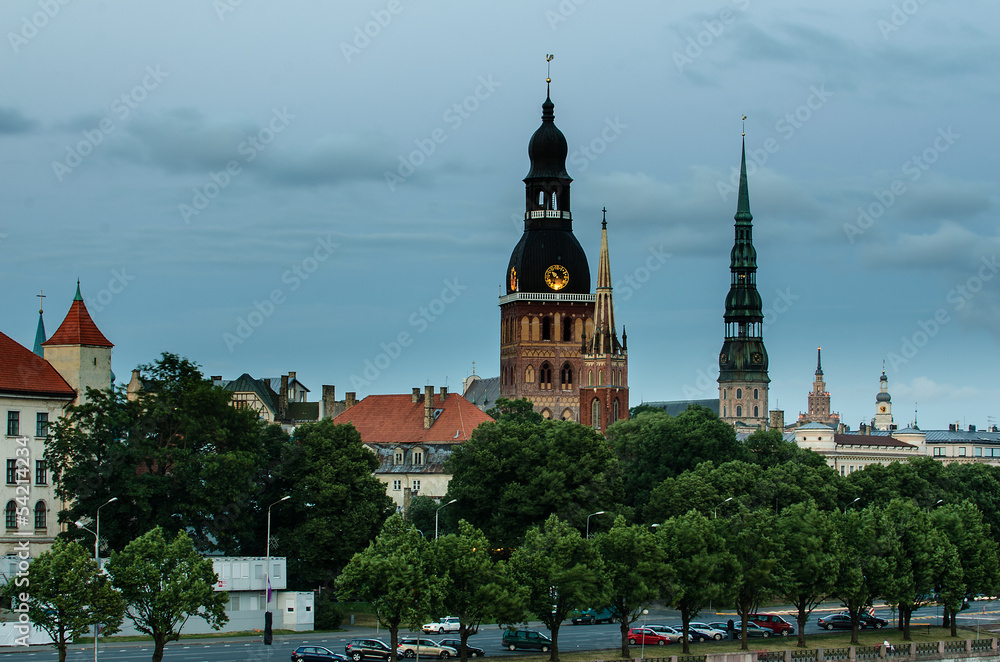 Riga (Latvia) Old Town in the evening. View from Daugava river