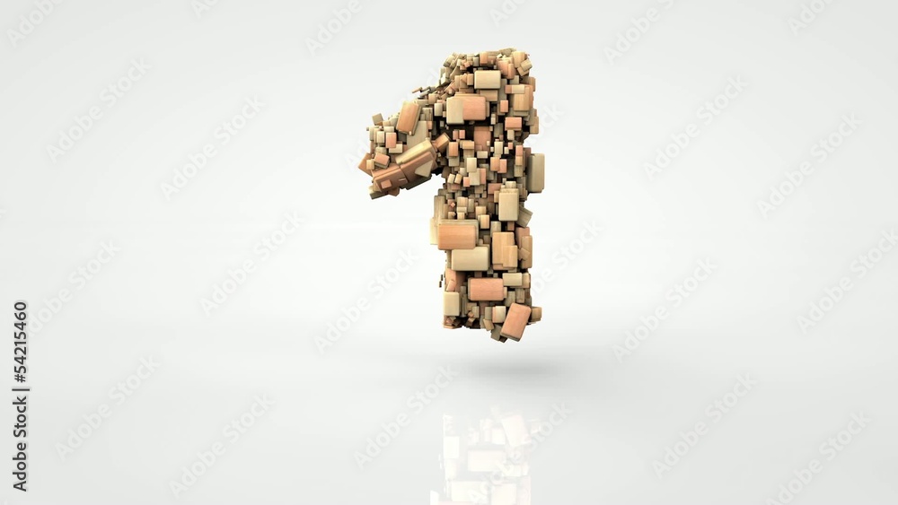 3d morphing square wood particles countdown, over white backgrou 3d morphing square wood particles countdown, over white backgrou