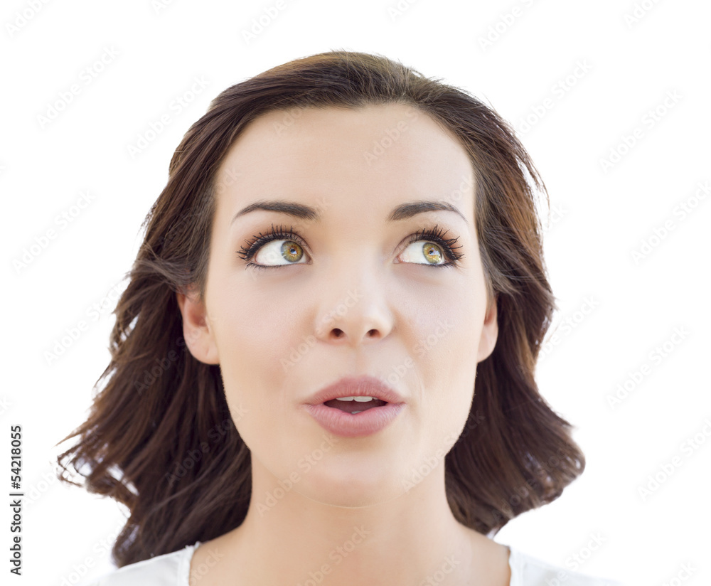 Pensive Young Adult Woman Looking Up on White Pensive Young Adult Woman Looking Up on White
