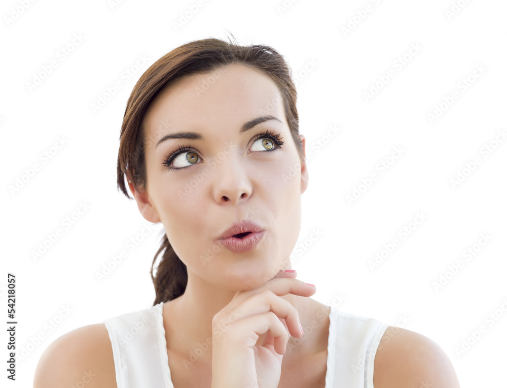 Surprised Young Adult Woman Looking Up on White Surprised Young Adult Woman Looking Up on White