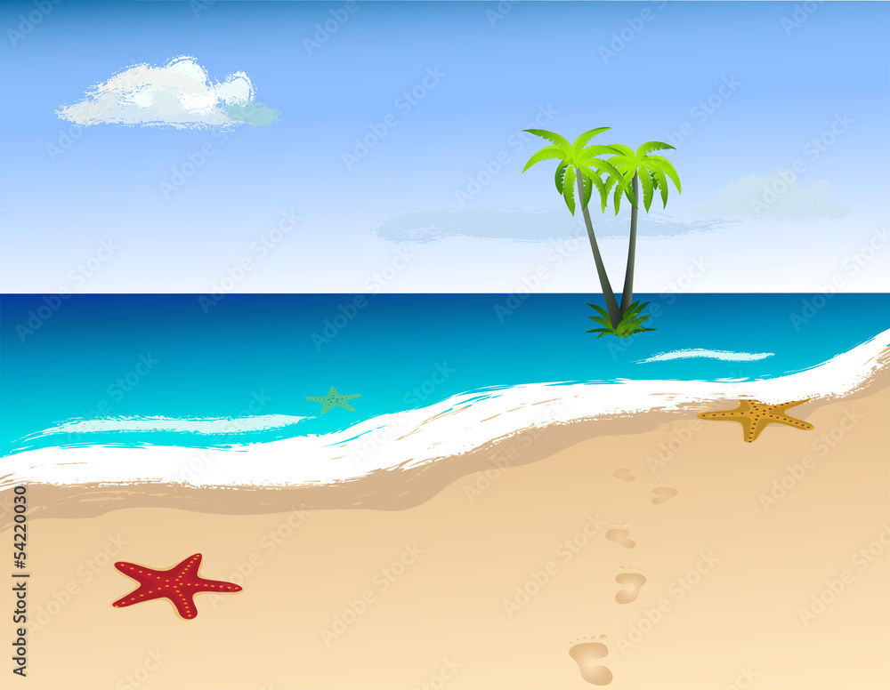 Palm trees on the island, starfish on the sand. Vector image.