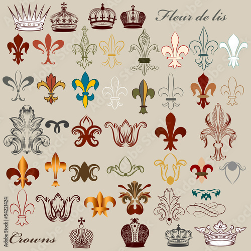 Collection of vector heraldic fleur de lis and crowns