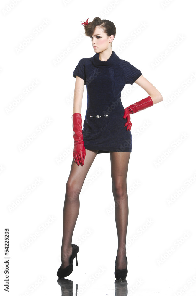 fashion casual girl in red gloves standing posing fashion casual girl in red gloves standing posing