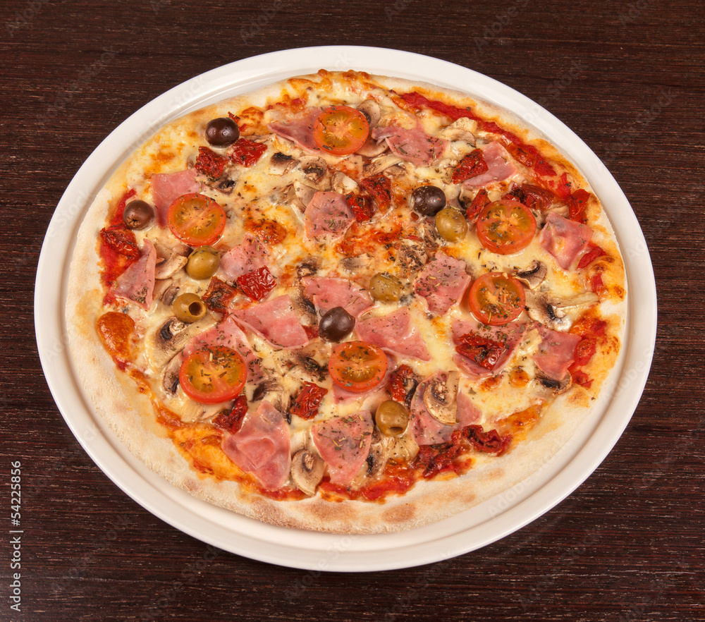 pizza with ham and mushrooms