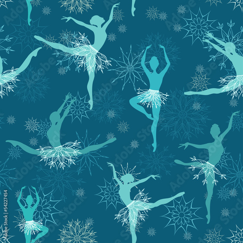 Seamless background of snowflake ballet dancers