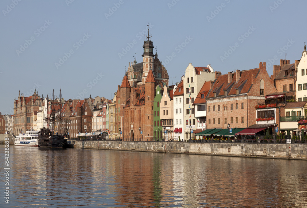 Old town waterfront over Motlawa river in Gdansk, Poland