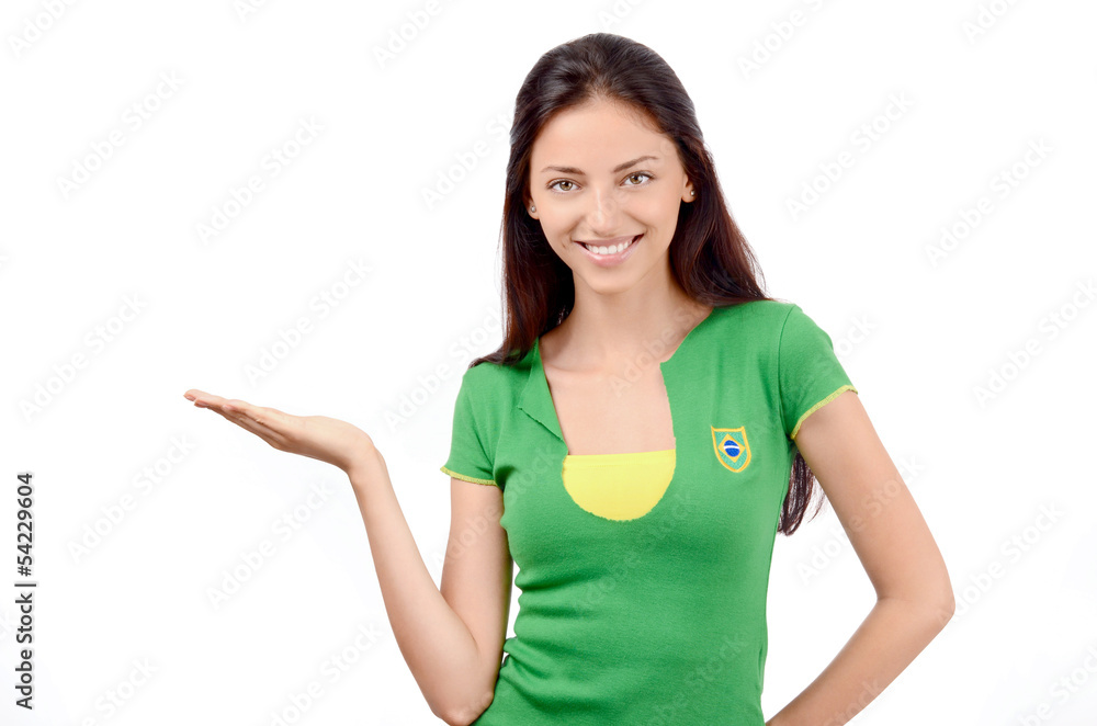Girl with Brazilian flag on her shirt signing presenting. Girl with Brazilian flag on her shirt signing presenting.