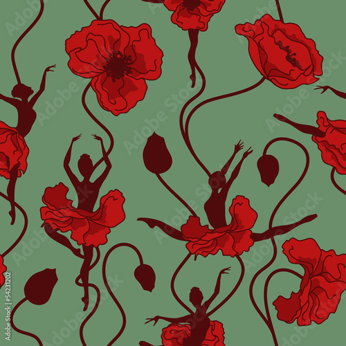 Seamless pattern of stylized dance of flowers