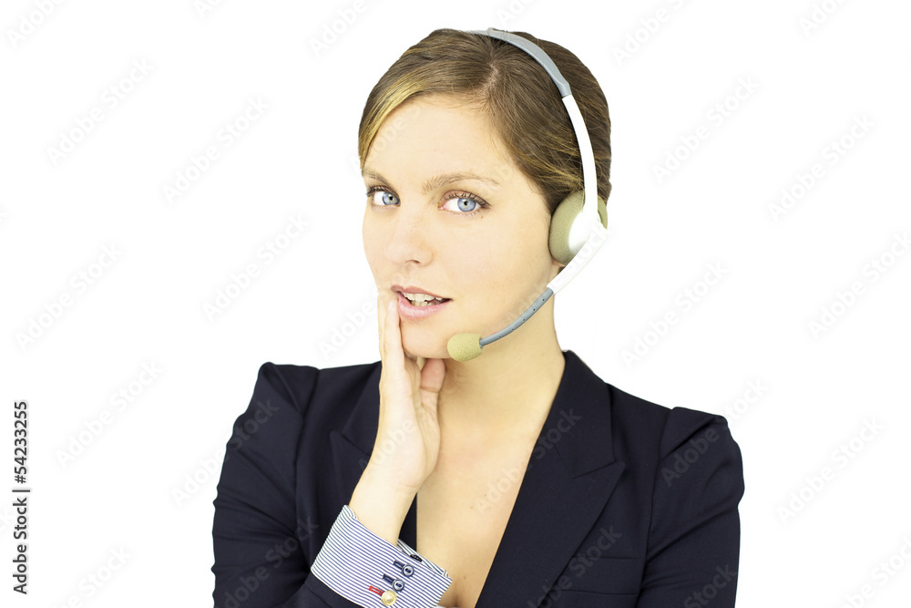 Smiling business woman talking with headset Smiling business woman talking with headset