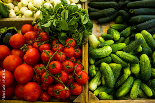 Various vegetables in boxes at market