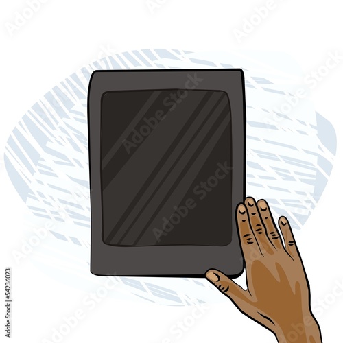 dłoń na tablecie kolorowa ilustracja nowe technologie