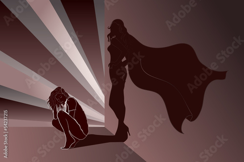 Sad woman with Superhero's Shadow on wall