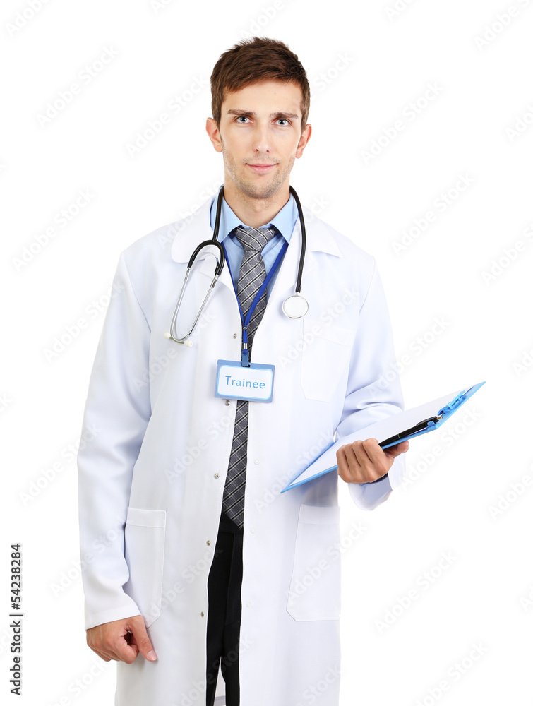 Portrait of young medical intern isolated on white Portrait of young medical intern isolated on white