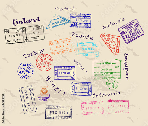 Real visa stamps from 9 countries.