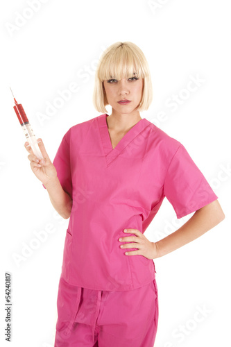 nurse with big shot needle serious fron