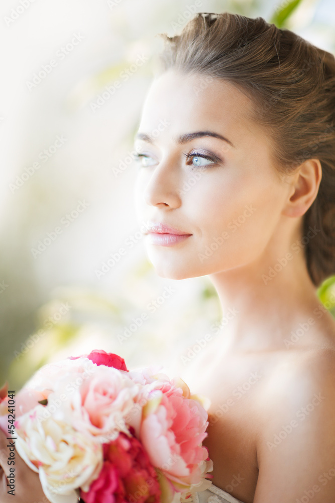 young woman with bouquet of flowers young woman with bouquet of flowers