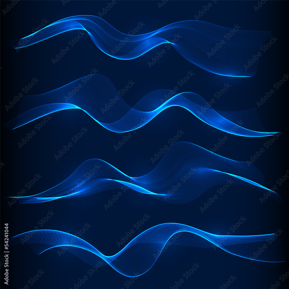 Fototapeta premium Set of blue smoke wave in dark background