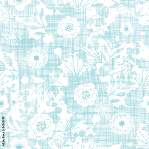 Vector blue fabric texture garden silhouettes seamless pattern