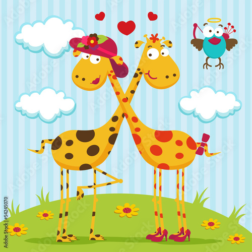 giraffes boy, girl and bird - romantic vector illustration