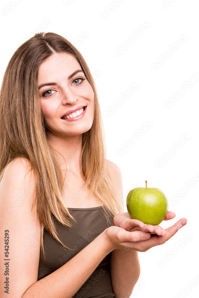 Portrait of a young woman eating green apple Portrait of a young woman eating green apple