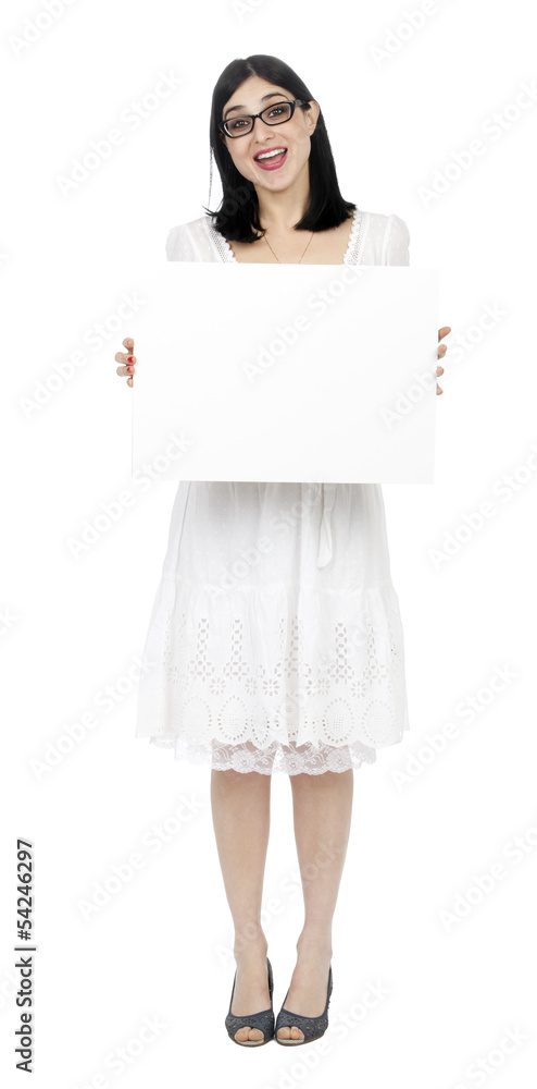 Summer Dress Woman Holding Sign and Cheering Summer Dress Woman Holding Sign and Cheering