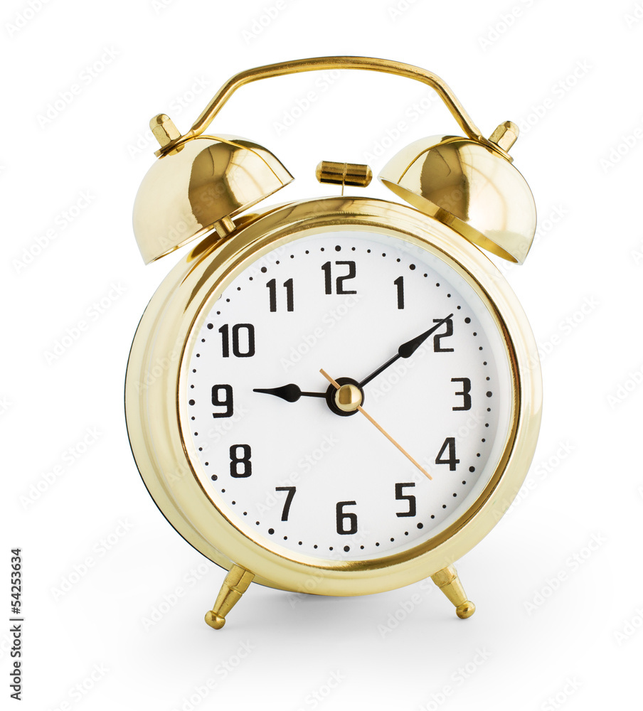 Alarm clock made from gold metal isolated with clipping path wit Alarm clock made from gold metal isolated with clipping path wit