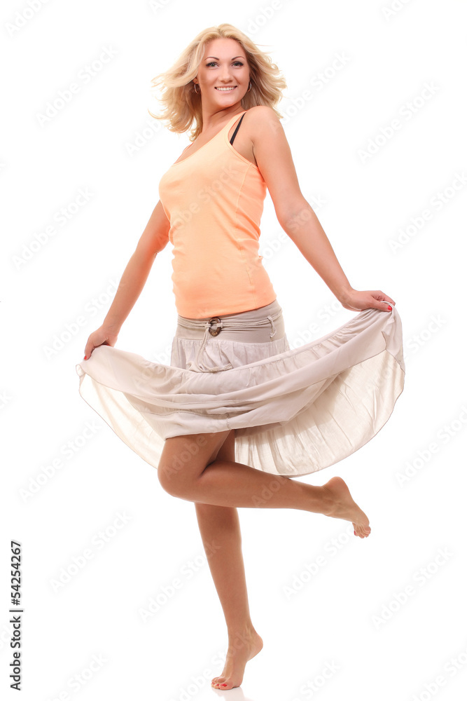 Naklejka premium cheerful woman in a long skirt