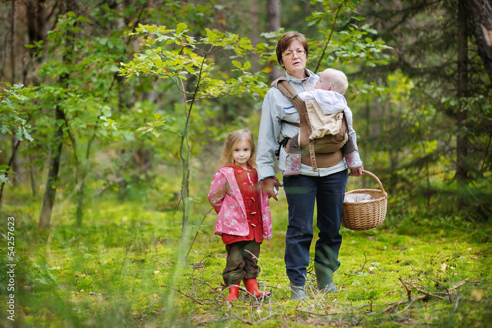 Fototapeta premium Grandmother and her girls picking mushrooms
