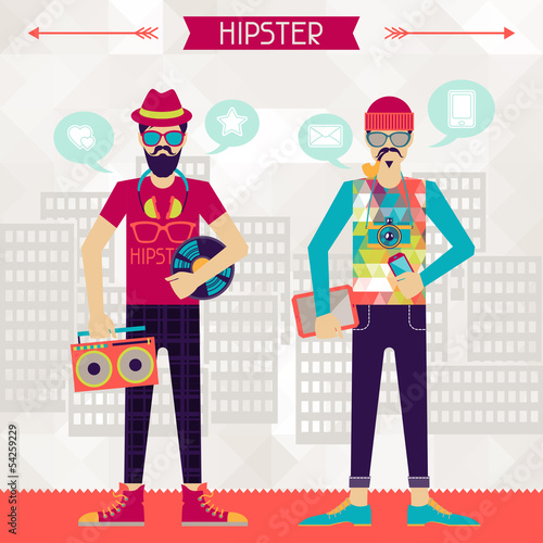 Two hipsters on urban background in retro style.