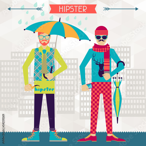 Two hipsters on urban background in retro style.