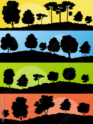 Forest trees silhouettes landscape illustration collection backg