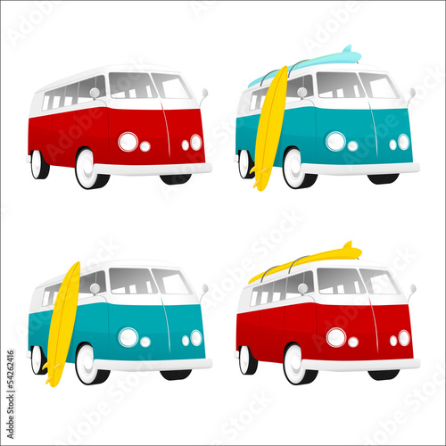 Vintage camper bus van with surfboards