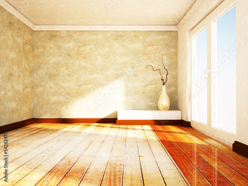 empty room with a large window and a vase