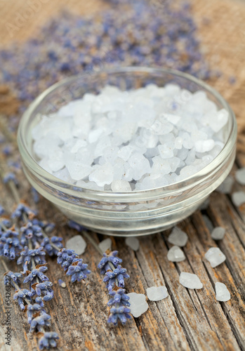 lavender bath salt on wooden background