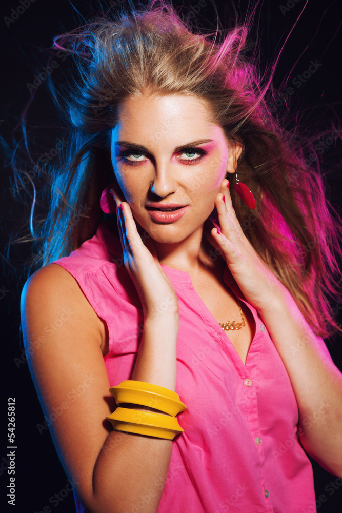 Sexy retro 80s fashion disco girl with long blonde hair. Black b Sexy retro 80s fashion disco girl with long blonde hair. Black b