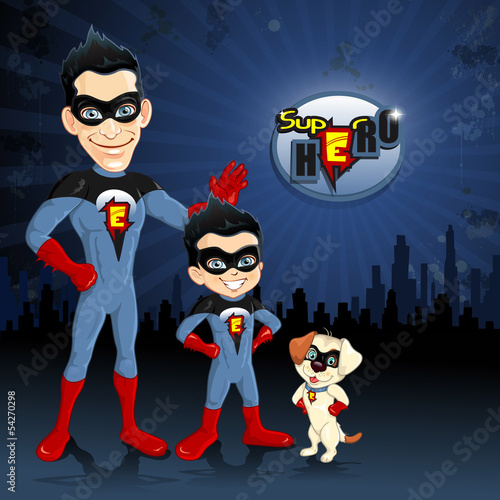 Dad son and dog superheroes