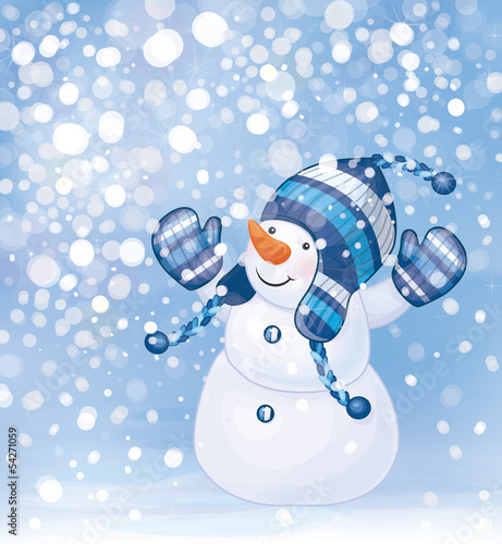 Vector of happy snowman and snowfall.