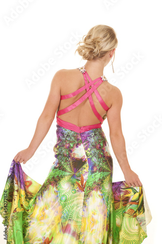 woman colorful dress back hold sides